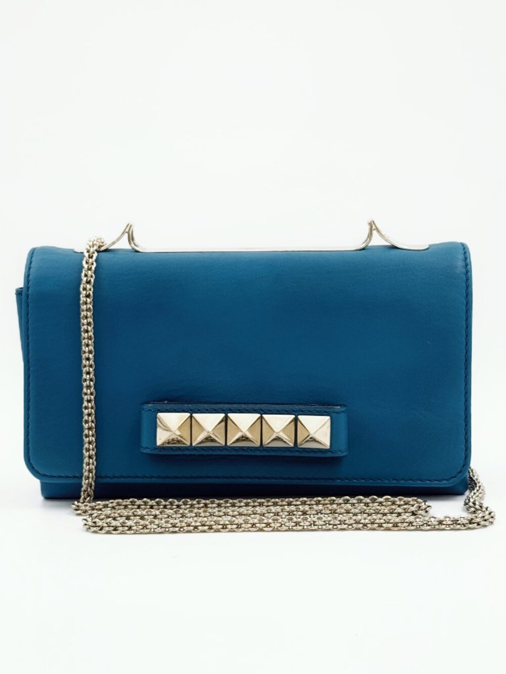 Valentino Garavani Blue Leather Chain Shoulder Bag Rockstud Crossbody Clutch